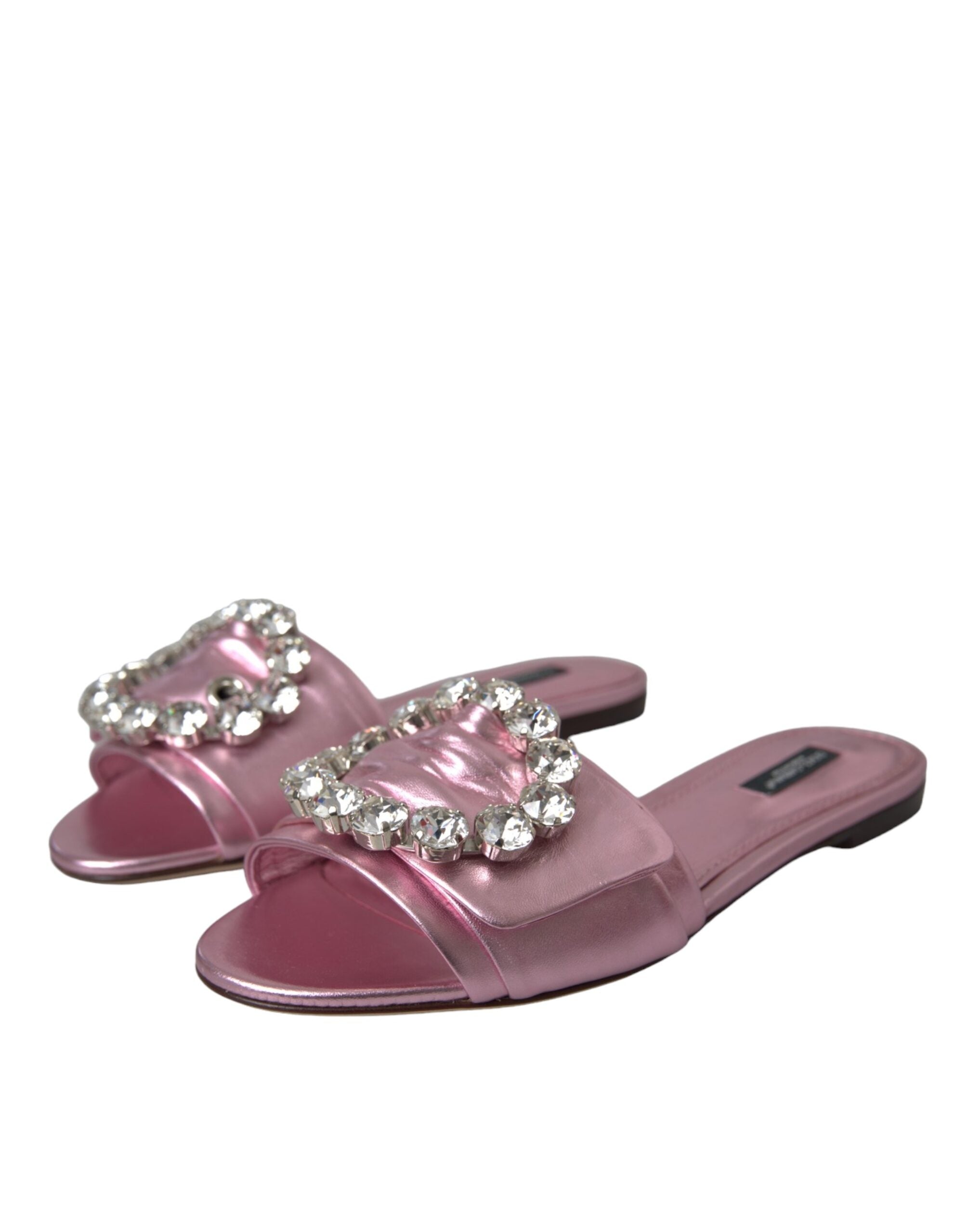 Dolce &amp; Gabbana Pink Crystal Leather Flats Sandals Shoes