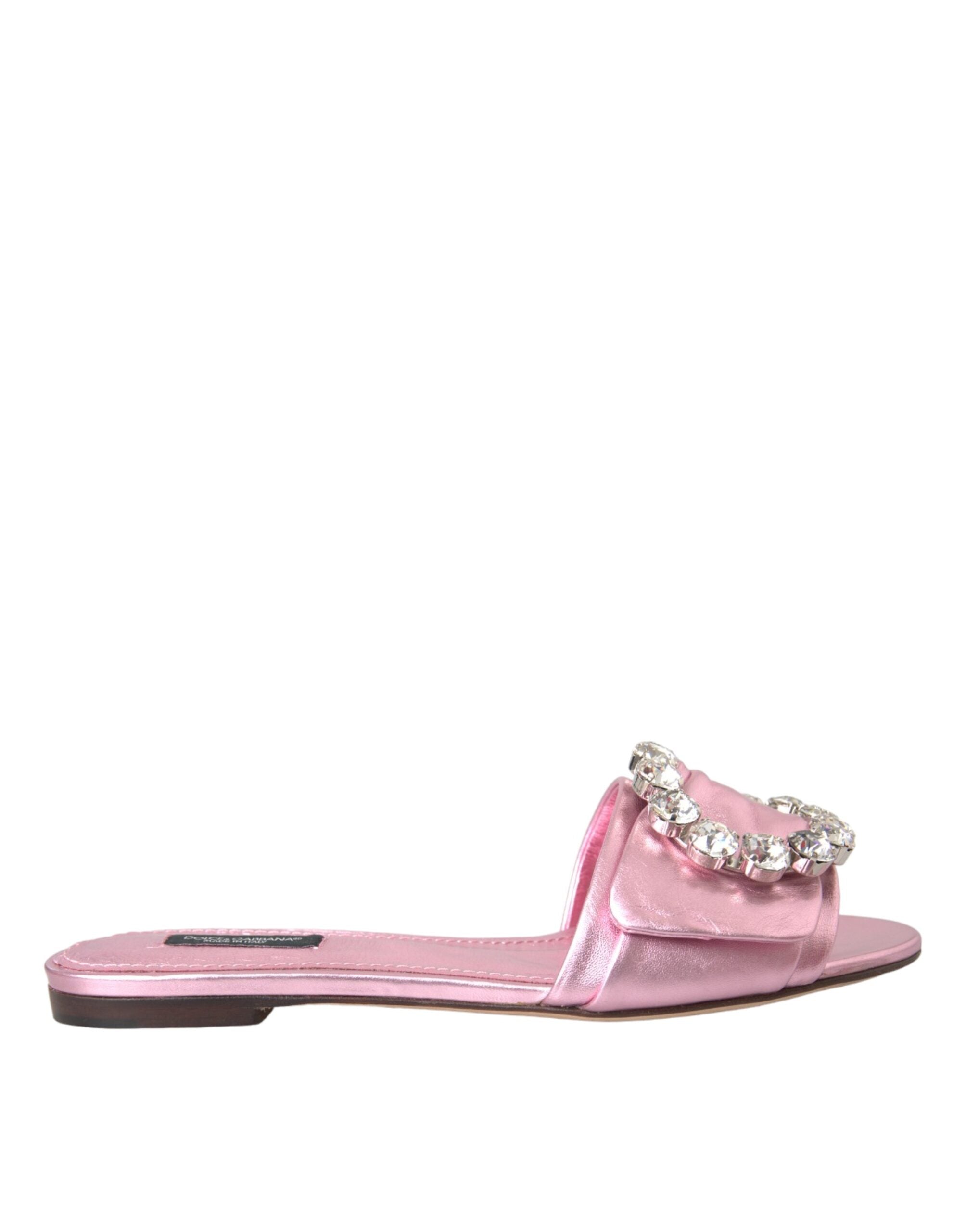 Dolce &amp; Gabbana Pink Crystal Leather Flats Sandals Shoes