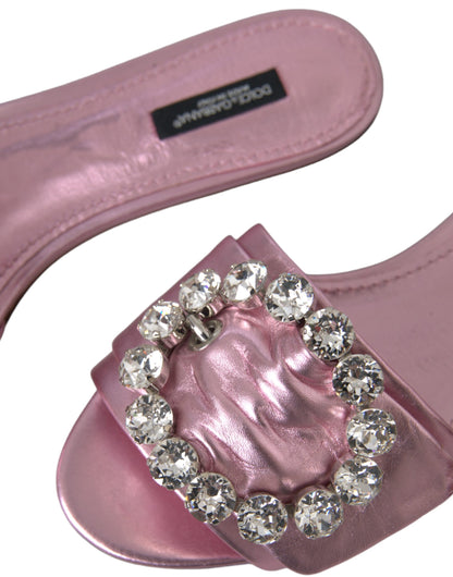 Dolce &amp; Gabbana Pink Crystal Leather Flats Sandals Shoes