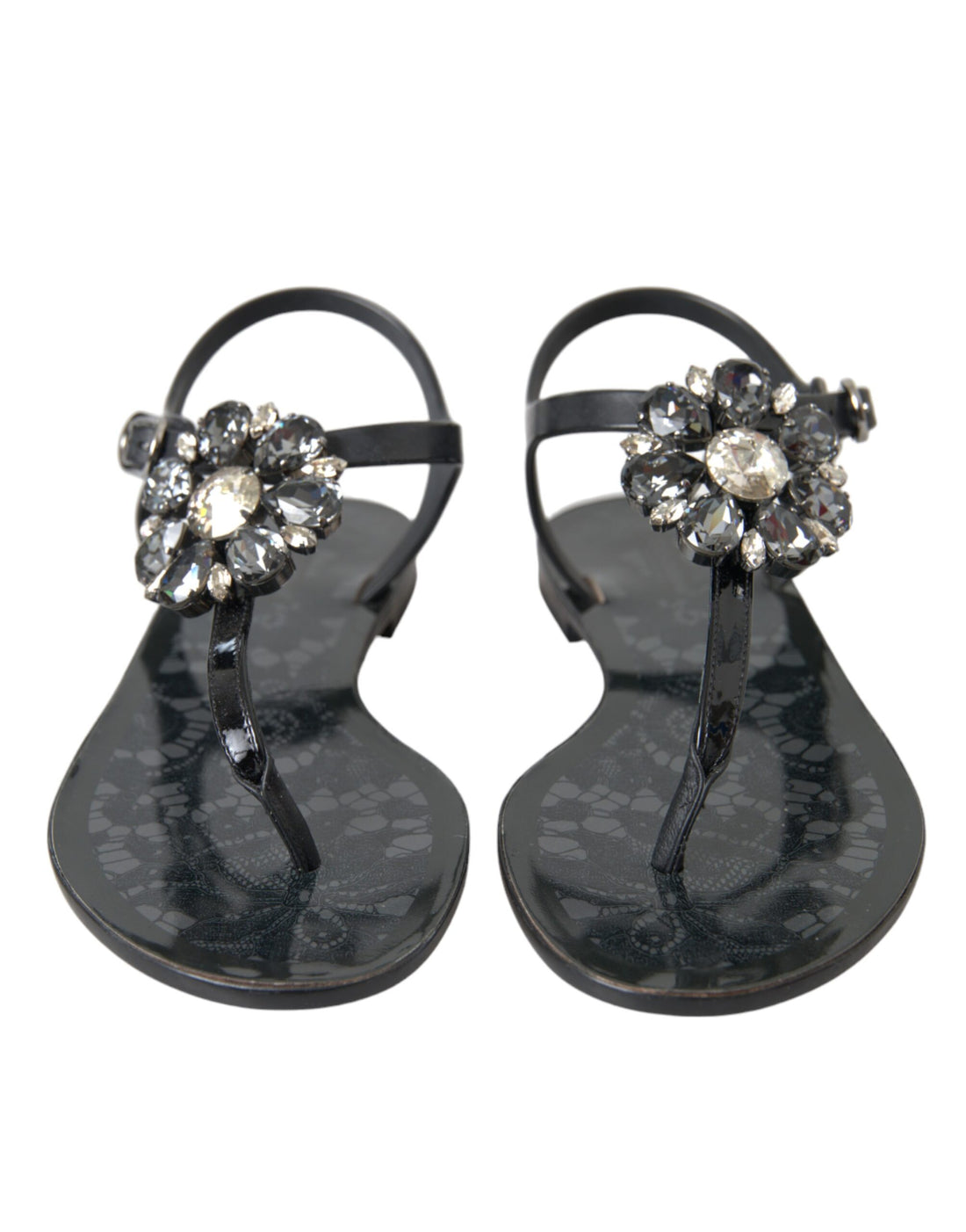 Dolce &amp; Gabbana Black Crystal Flats Sandals Flip Flops Shoes