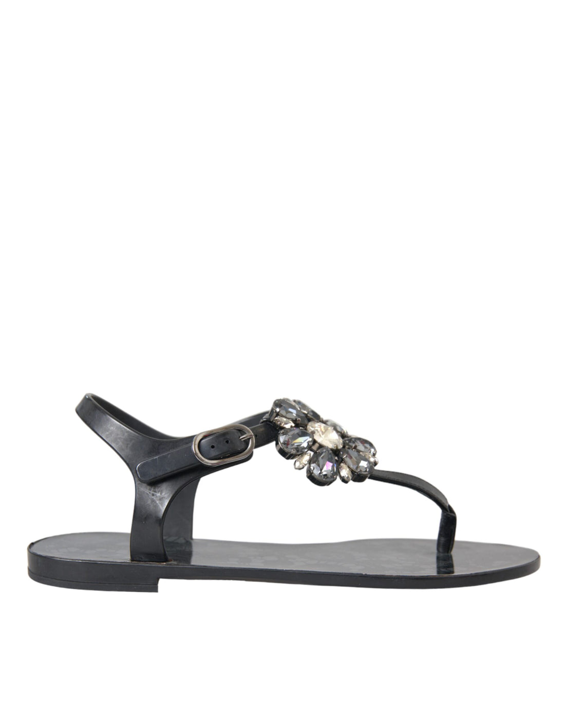 Dolce &amp; Gabbana Black Crystal Flats Sandals Flip Flops Shoes