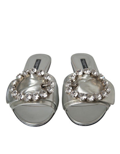 Dolce &amp; Gabbana Silver Crystal Leather Flats Sandals Shoes