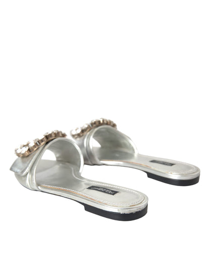 Dolce &amp; Gabbana Silver Crystal Leather Flats Sandals Shoes