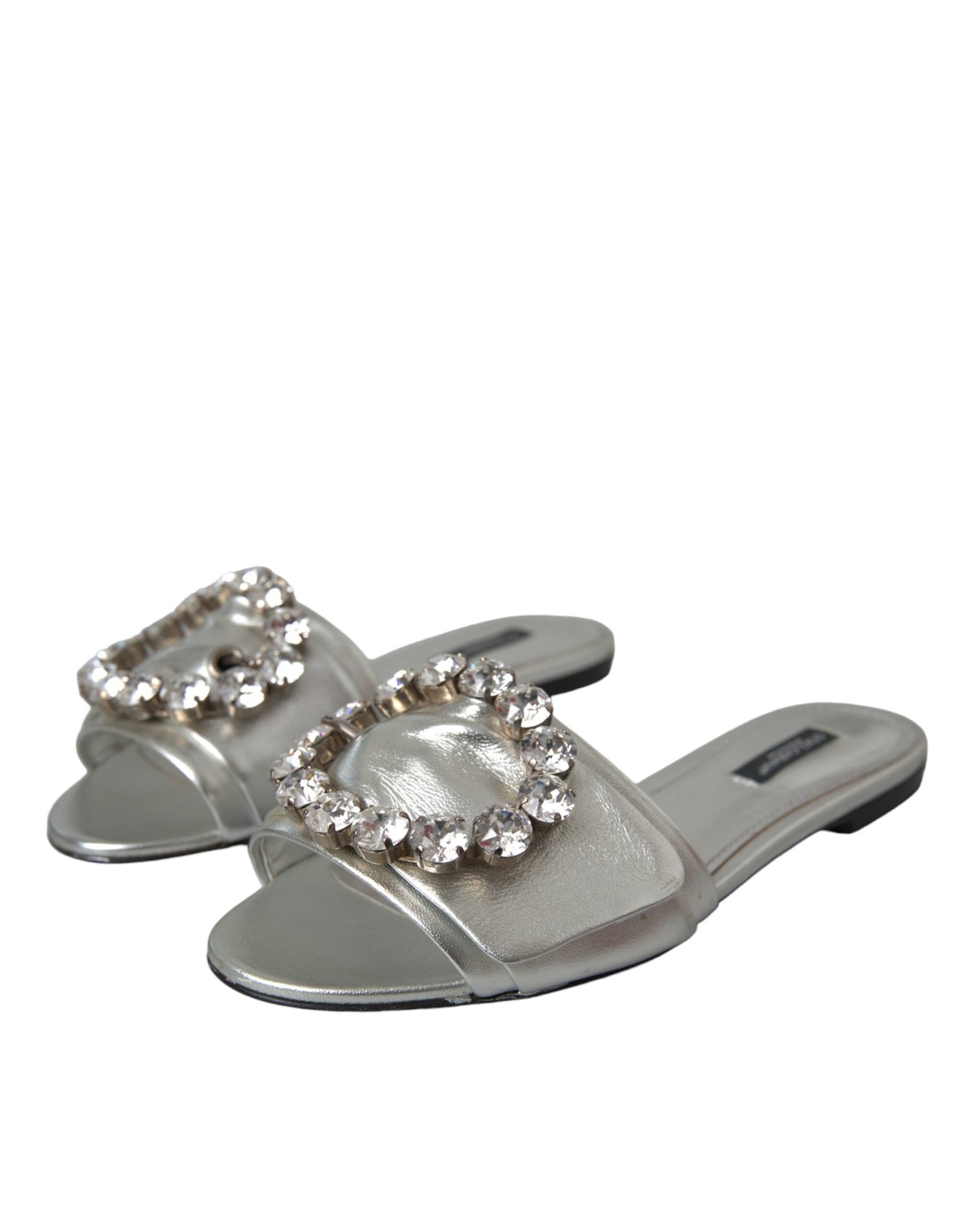 Dolce &amp; Gabbana Silver Crystal Leather Flats Sandals Shoes