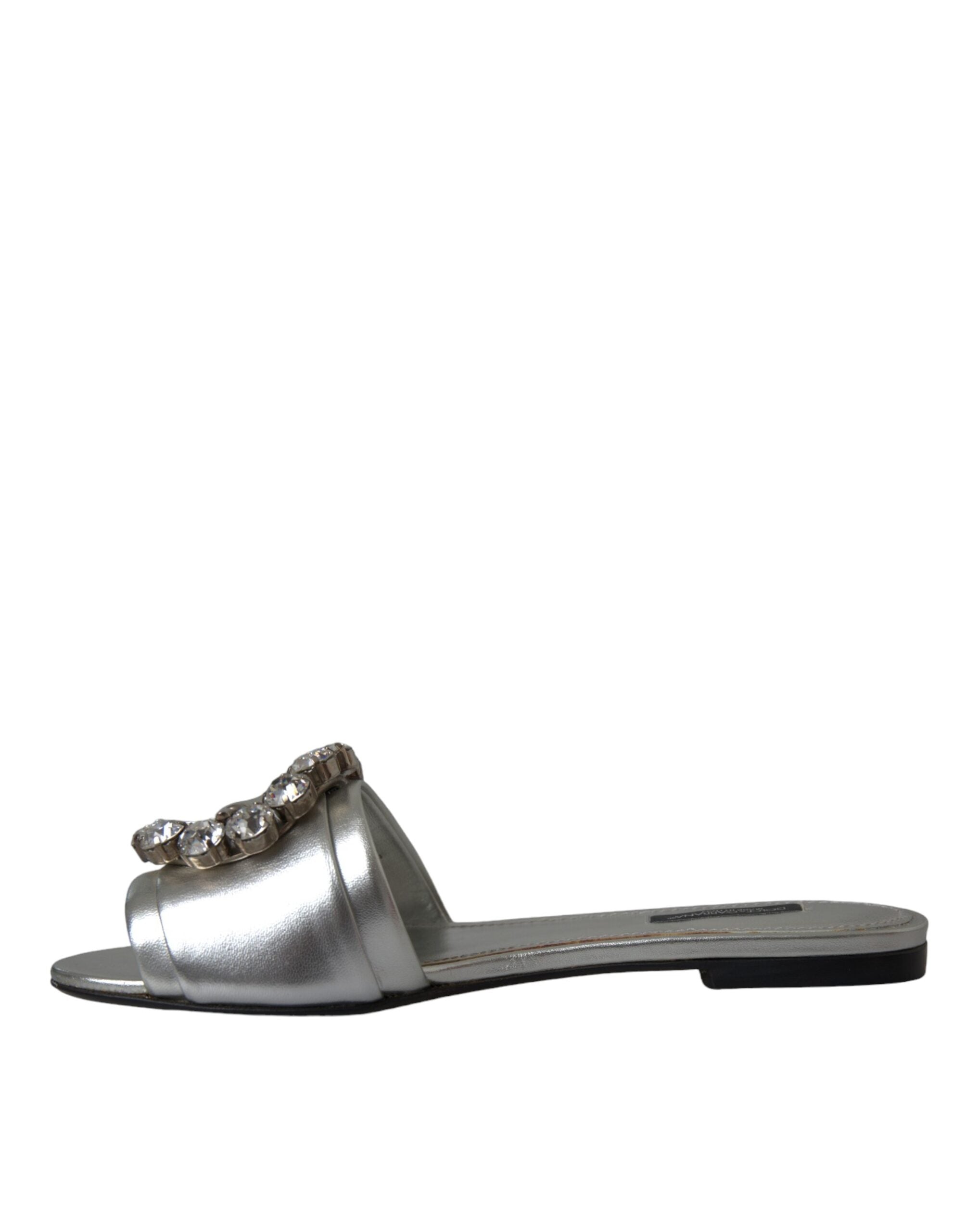 Dolce &amp; Gabbana Silver Crystal Leather Flats Sandals Shoes