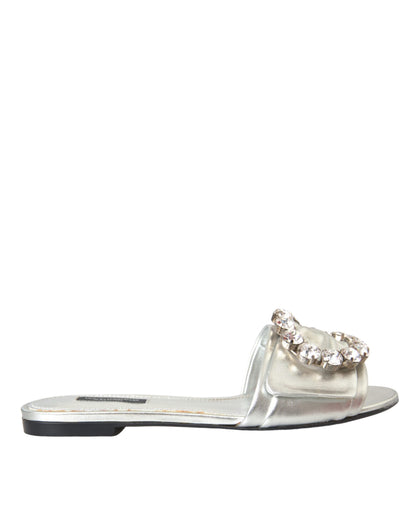 Dolce &amp; Gabbana Silver Crystal Leather Flats Sandals Shoes