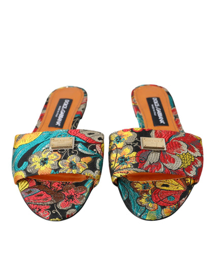 Dolce &amp; Gabbana Multicolor Floral Brocade Logo Flats Sandals Shoes