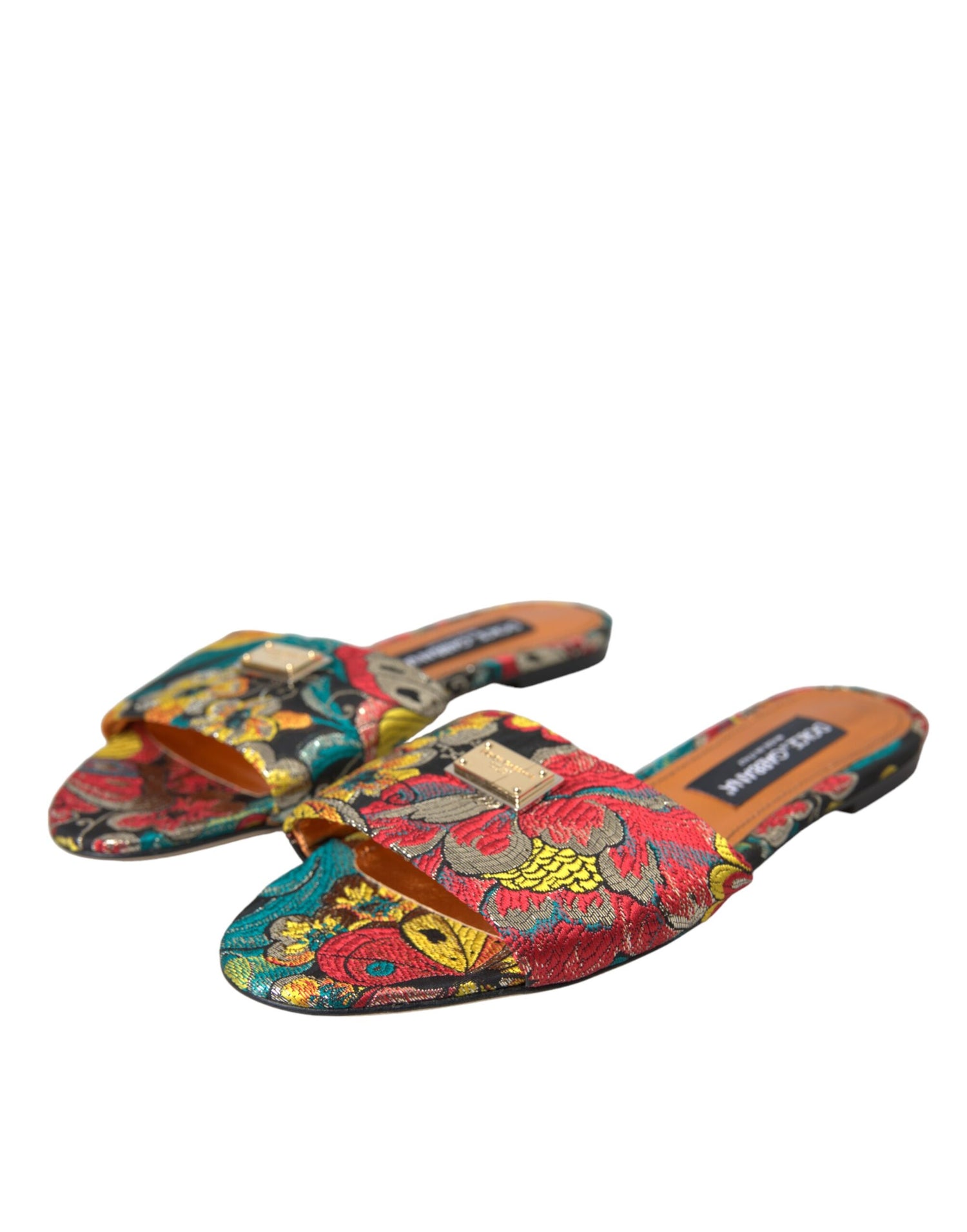 Dolce &amp; Gabbana Multicolor Floral Brocade Logo Flats Sandals Shoes