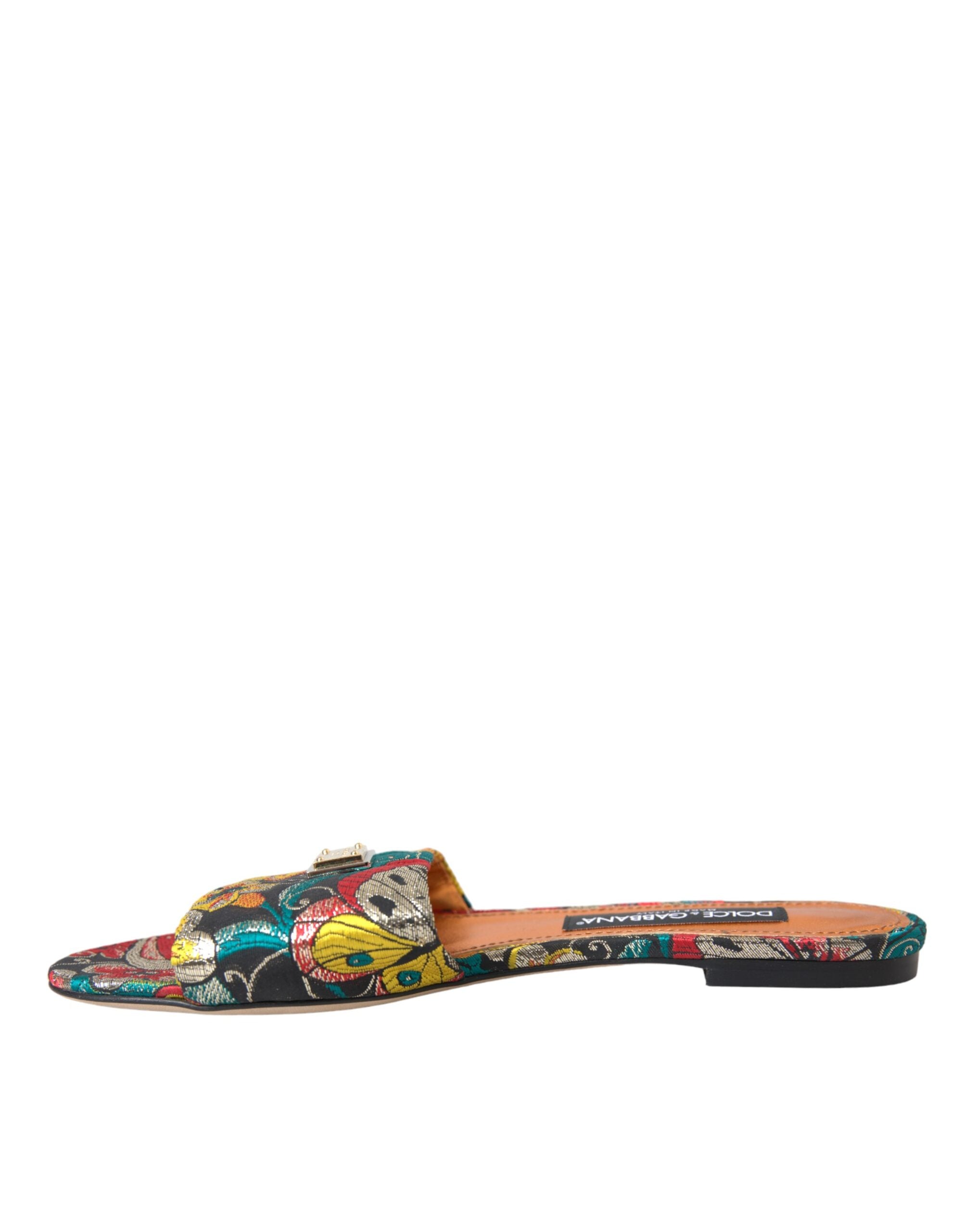 Dolce &amp; Gabbana Multicolor Floral Brocade Logo Flats Sandals Shoes