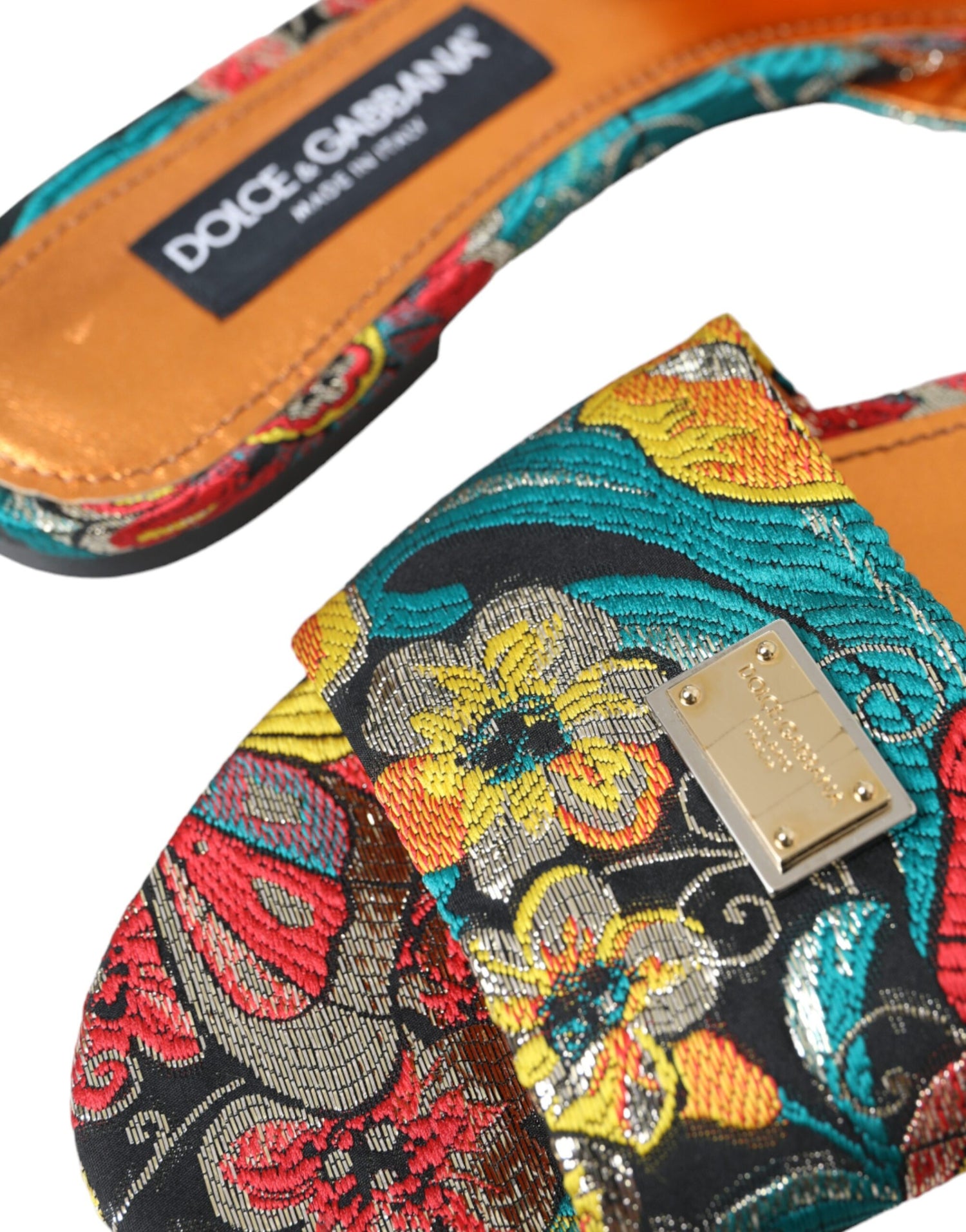 Dolce &amp; Gabbana Multicolor Floral Brocade Logo Flats Sandals Shoes