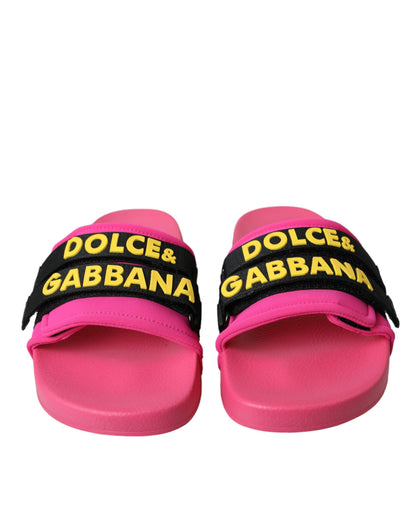 Dolce &amp; Gabbana Pink Black Logo Beachwear Flats Sandals Shoes