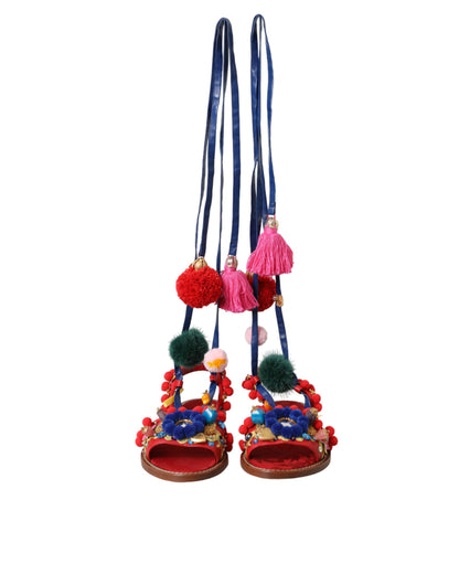 Dolce &amp; Gabbana Multicolor Pom Pom Fur Wrap Sandals Shoes