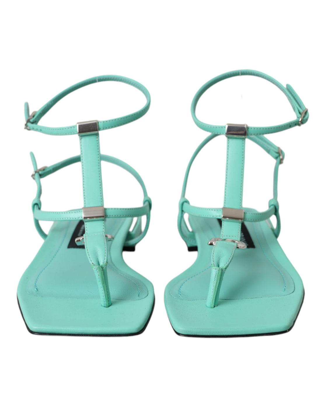 Dolce &amp; Gabbana Aqua Green Leather Ankle Strap Flats Sandals Shoes