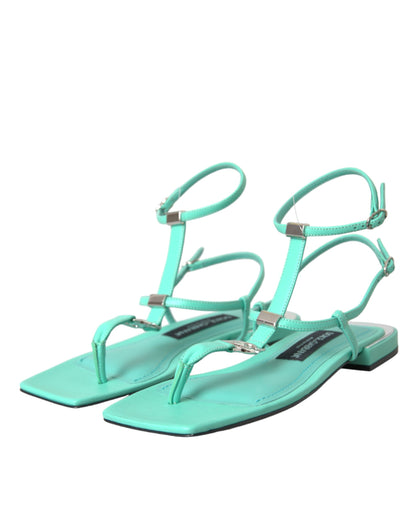 Dolce &amp; Gabbana Aqua Green Leather Ankle Strap Flats Sandals Shoes