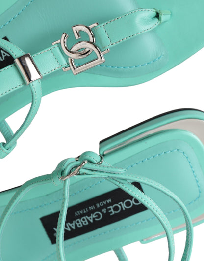 Dolce &amp; Gabbana Aqua Green Leather Ankle Strap Flats Sandals Shoes