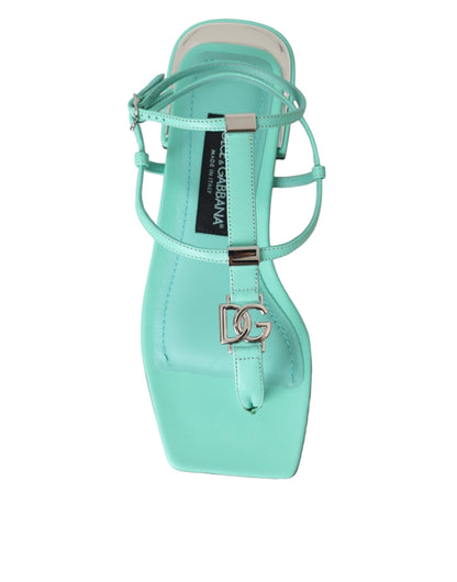 Dolce &amp; Gabbana Aqua Green Leather Ankle Strap Flats Sandals Shoes