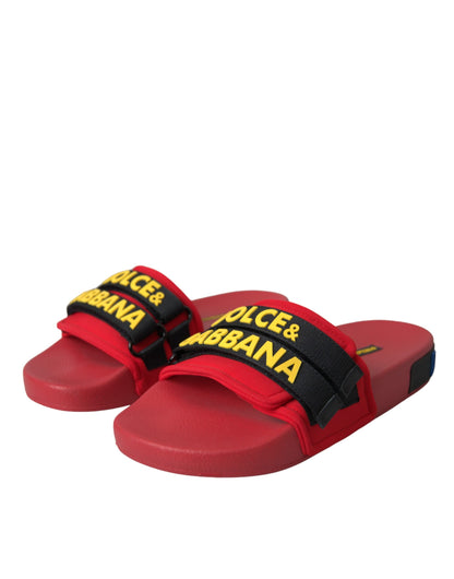 Dolce &amp; Gabbana Red Black Logo Beachwear Flats Sandals Shoes