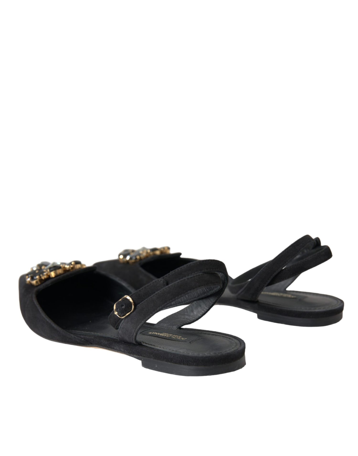 Dolce &amp; Gabbana Black Leather Crystal Slingback Sandals Shoes