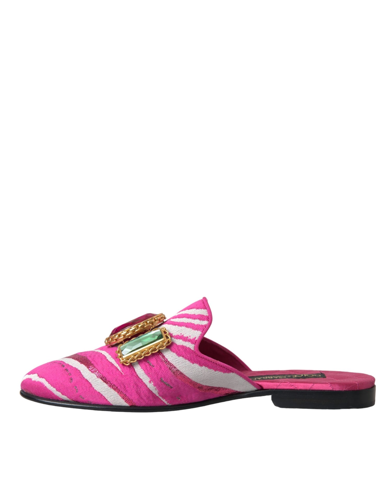 Dolce &amp; Gabbana Pink Jacquard Crystal Mule Flat Sandals Shoes