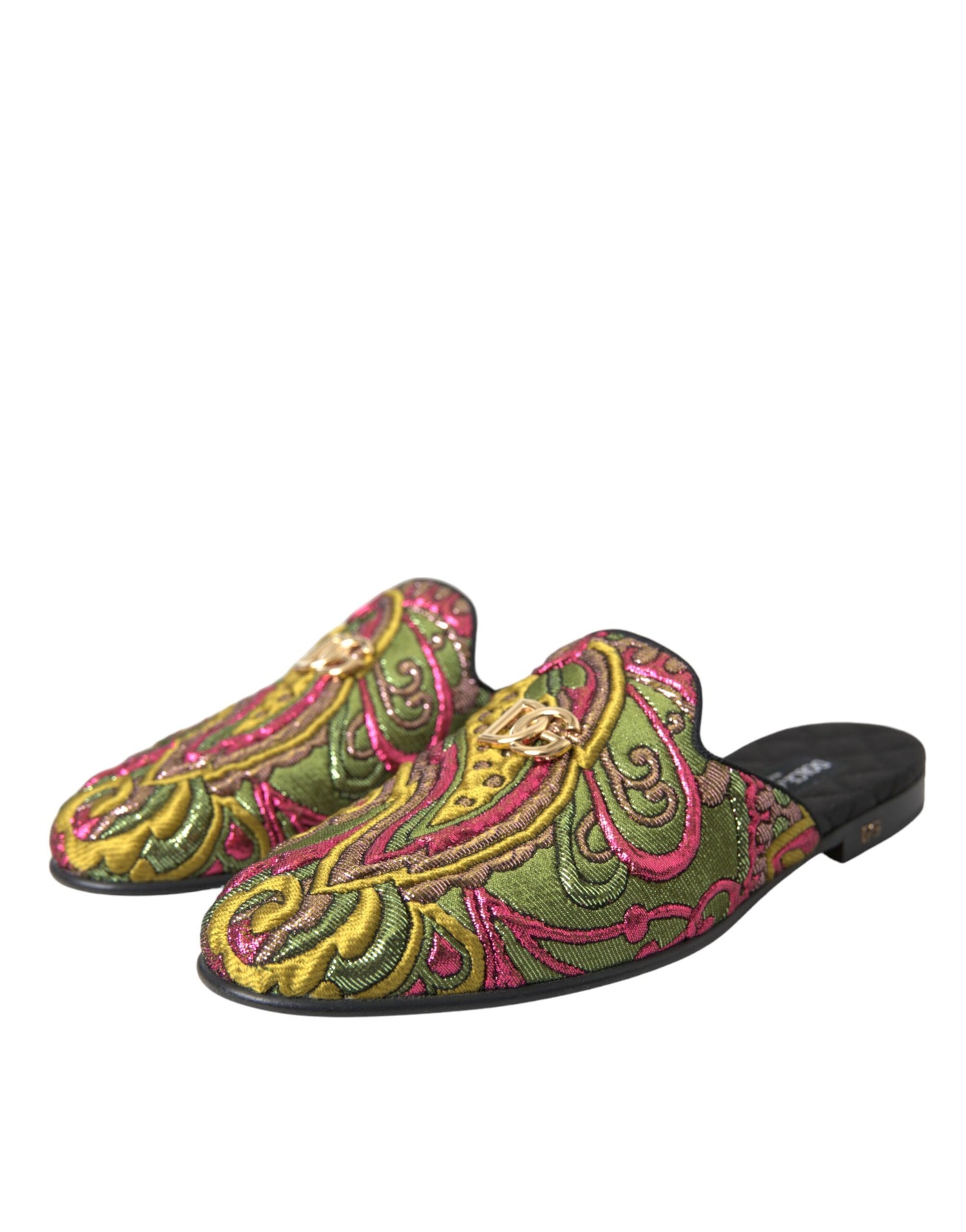 Dolce &amp; Gabbana Multicolor Brocade DG Logo Mule Flat Sandals Shoes