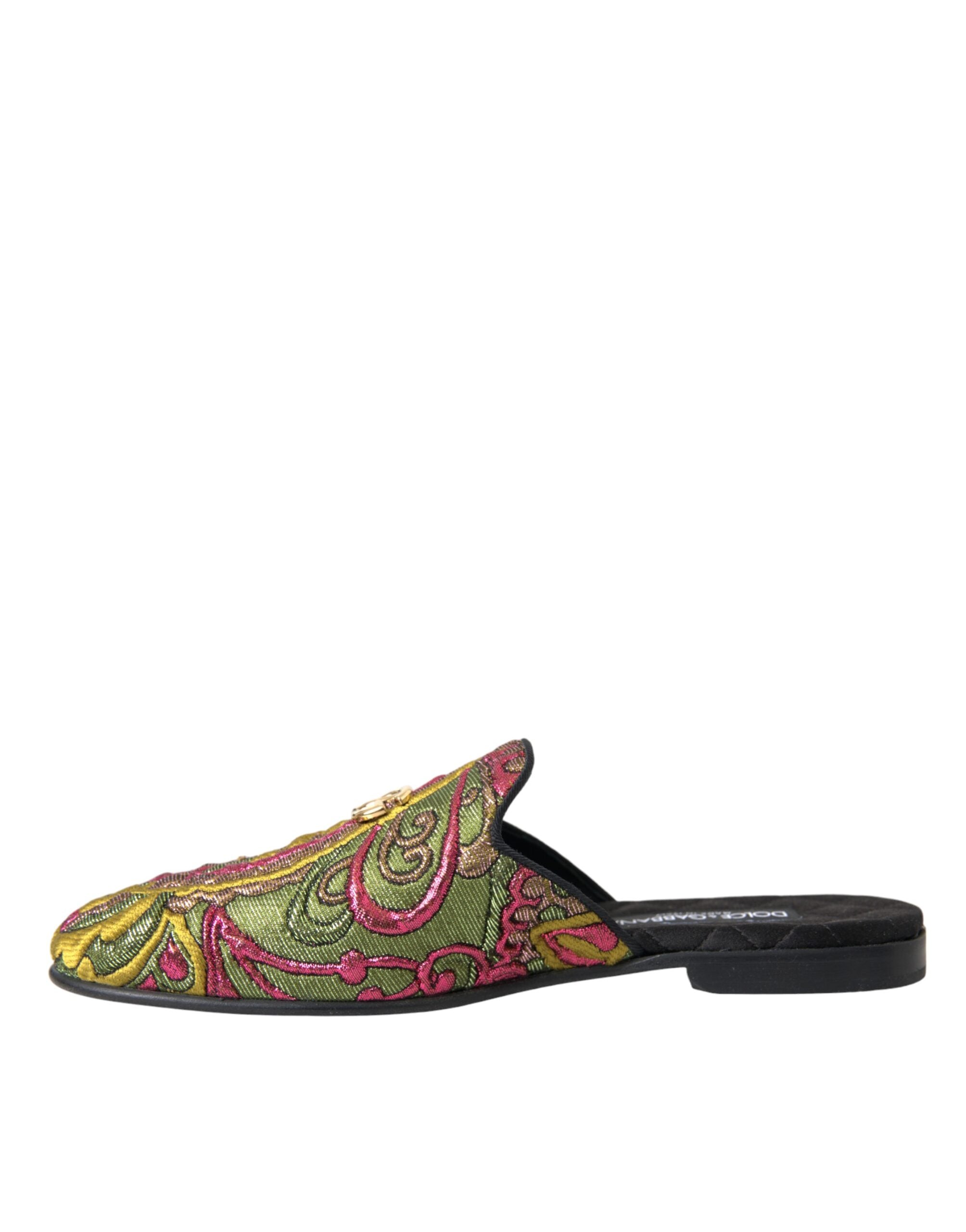 Dolce &amp; Gabbana Multicolor Brocade DG Logo Mule Flat Sandals Shoes