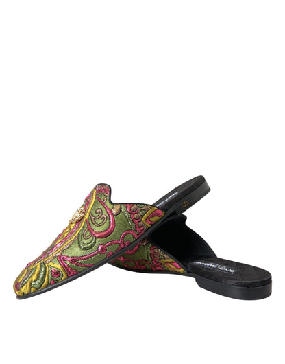 Dolce &amp; Gabbana Multicolor Brocade DG Logo Mule Flat Sandals Shoes