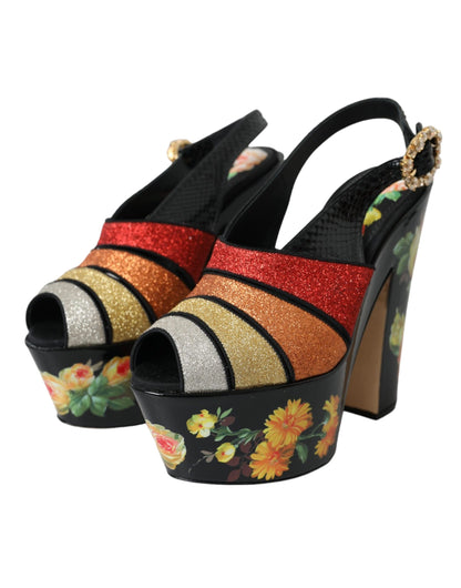 Dolce &amp; Gabbana Multicolor Floral Crystal Platform Sandals Shoes