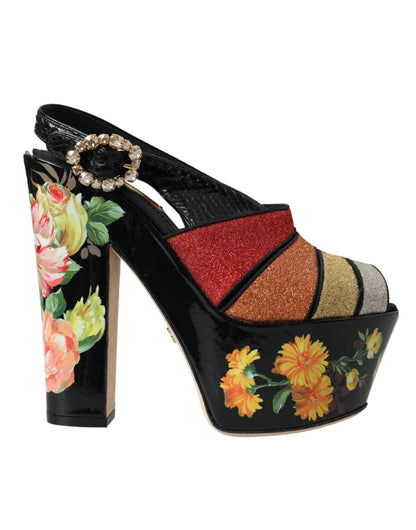 Dolce &amp; Gabbana Multicolor Floral Crystal Platform Sandals Shoes