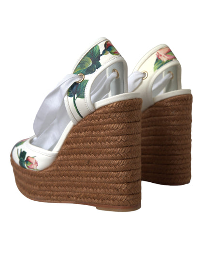 Dolce &amp; Gabbana White Floral Wedge Heels Sandals Shoes