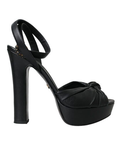 Dolce &amp; Gabbana Black Leather Crystal Platform Sandals Shoes