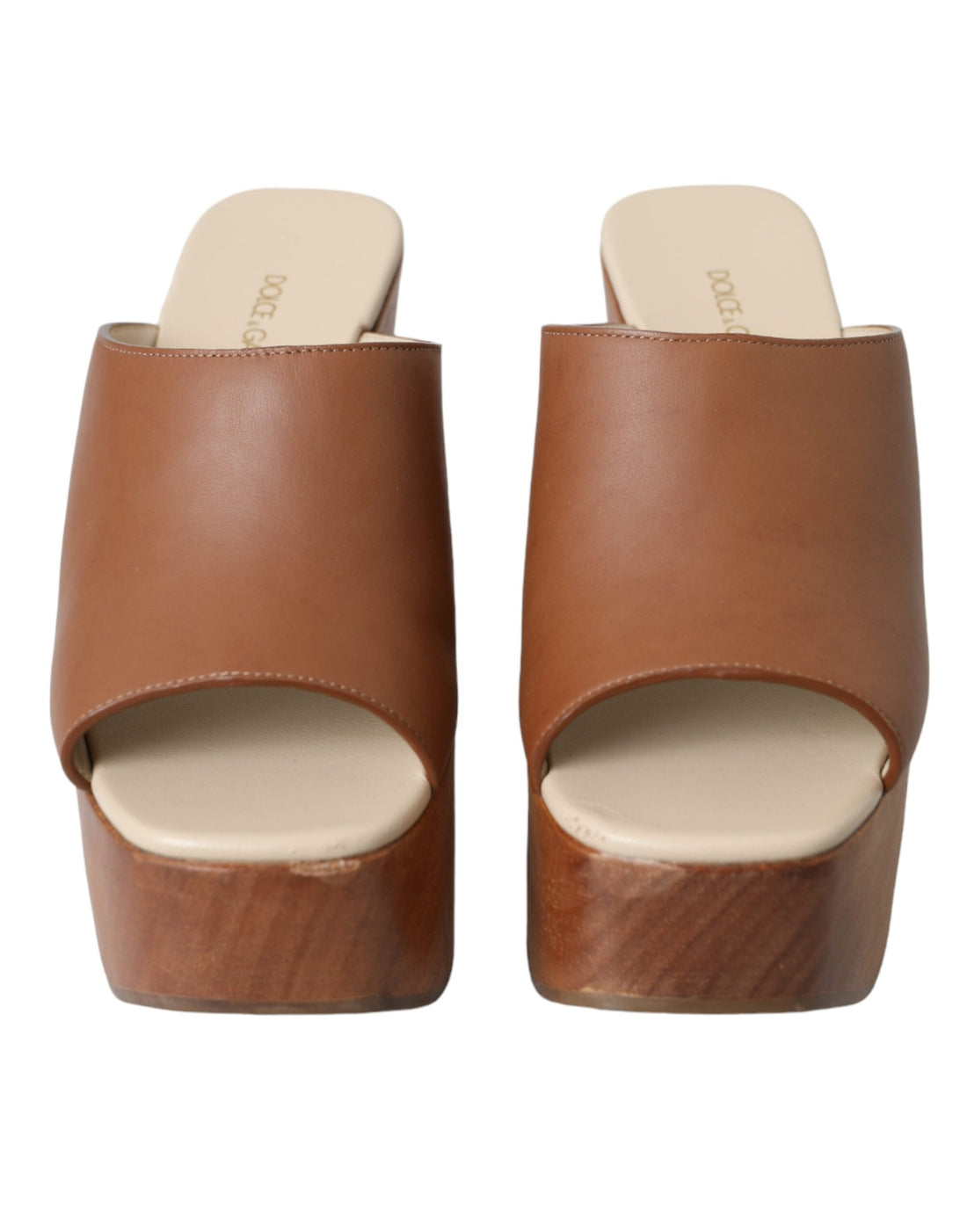 Dolce &amp; Gabbana Brown Leather Wood Mules Wedge Slides Shoes