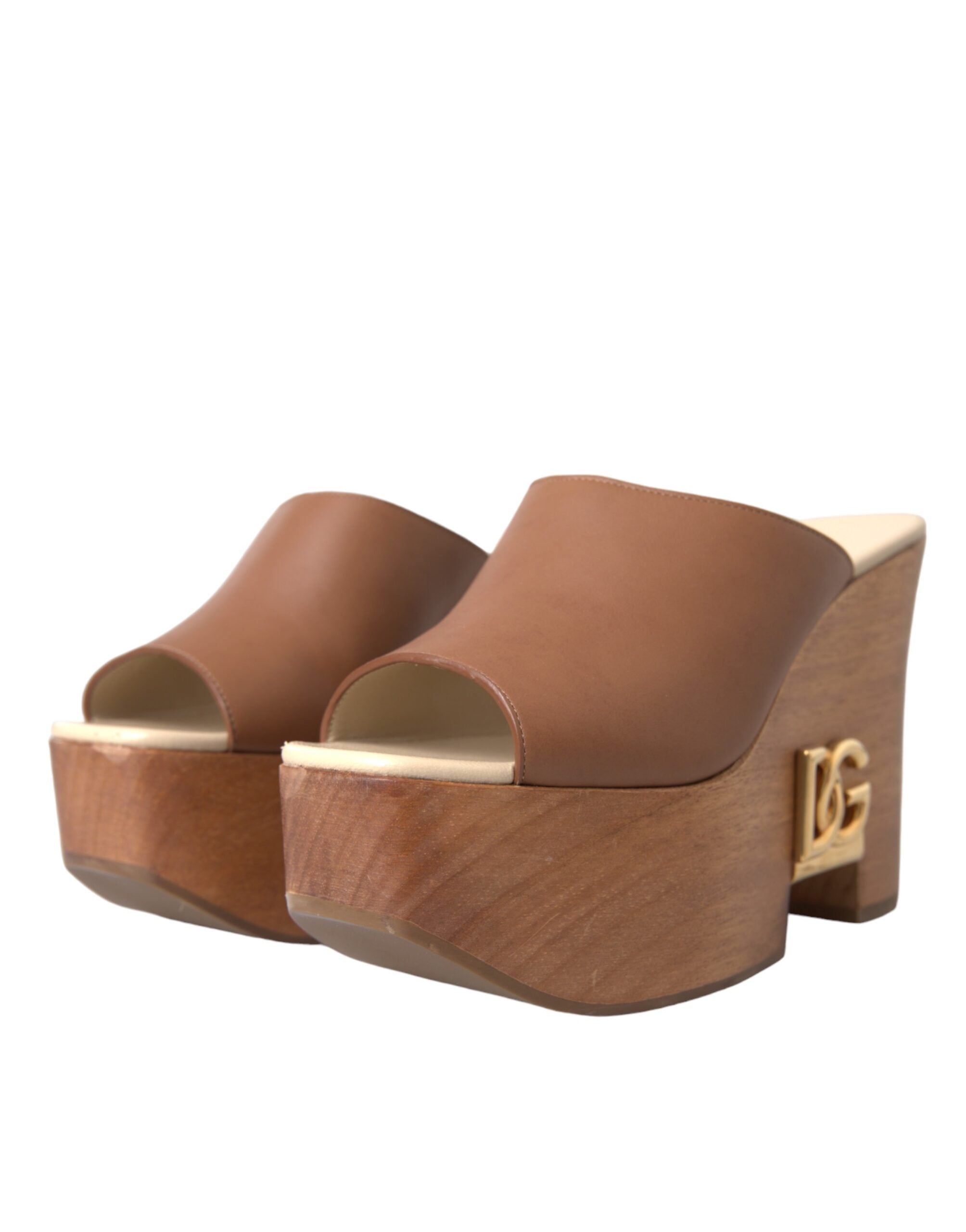 Dolce &amp; Gabbana Brown Leather Wood Mules Wedge Slides Shoes