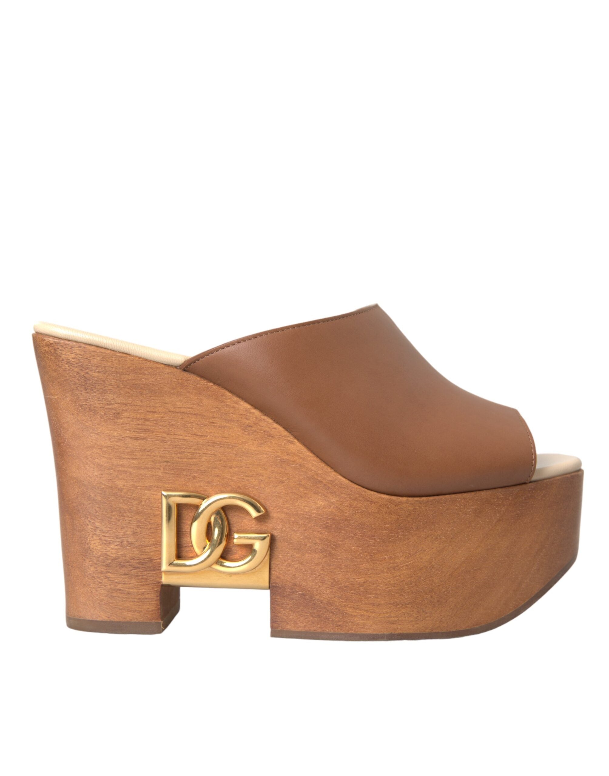 Dolce &amp; Gabbana Brown Leather Wood Mules Wedge Slides Shoes