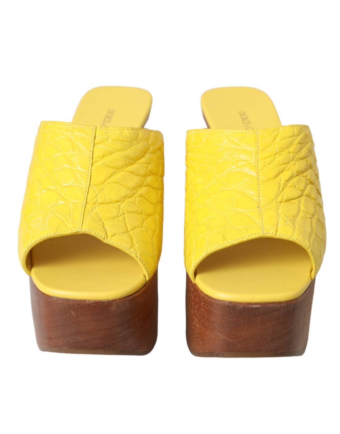 Dolce &amp; Gabbana Yellow Leather Wood Mule Wedge Slides Shoes