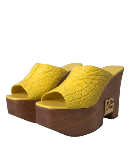 Dolce &amp; Gabbana Yellow Leather Wood Mule Wedge Slides Shoes