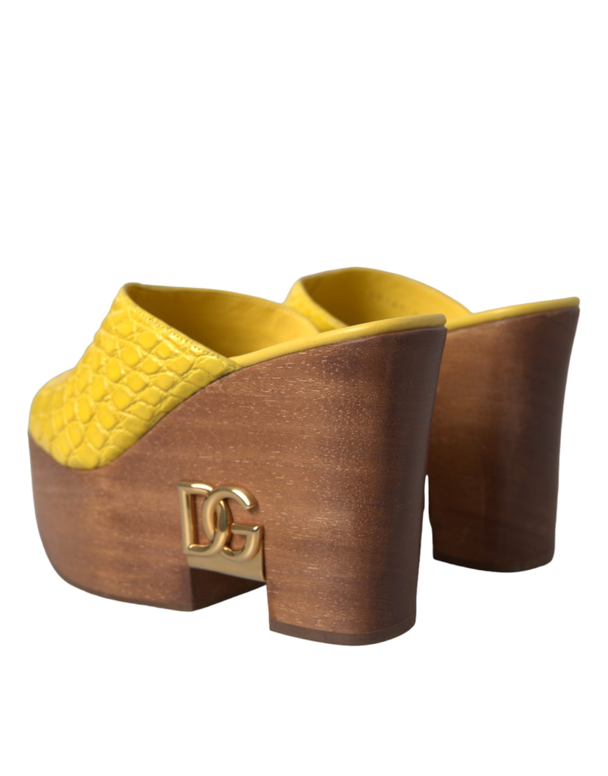 Dolce &amp; Gabbana Yellow Leather Wood Mule Wedge Slides Shoes