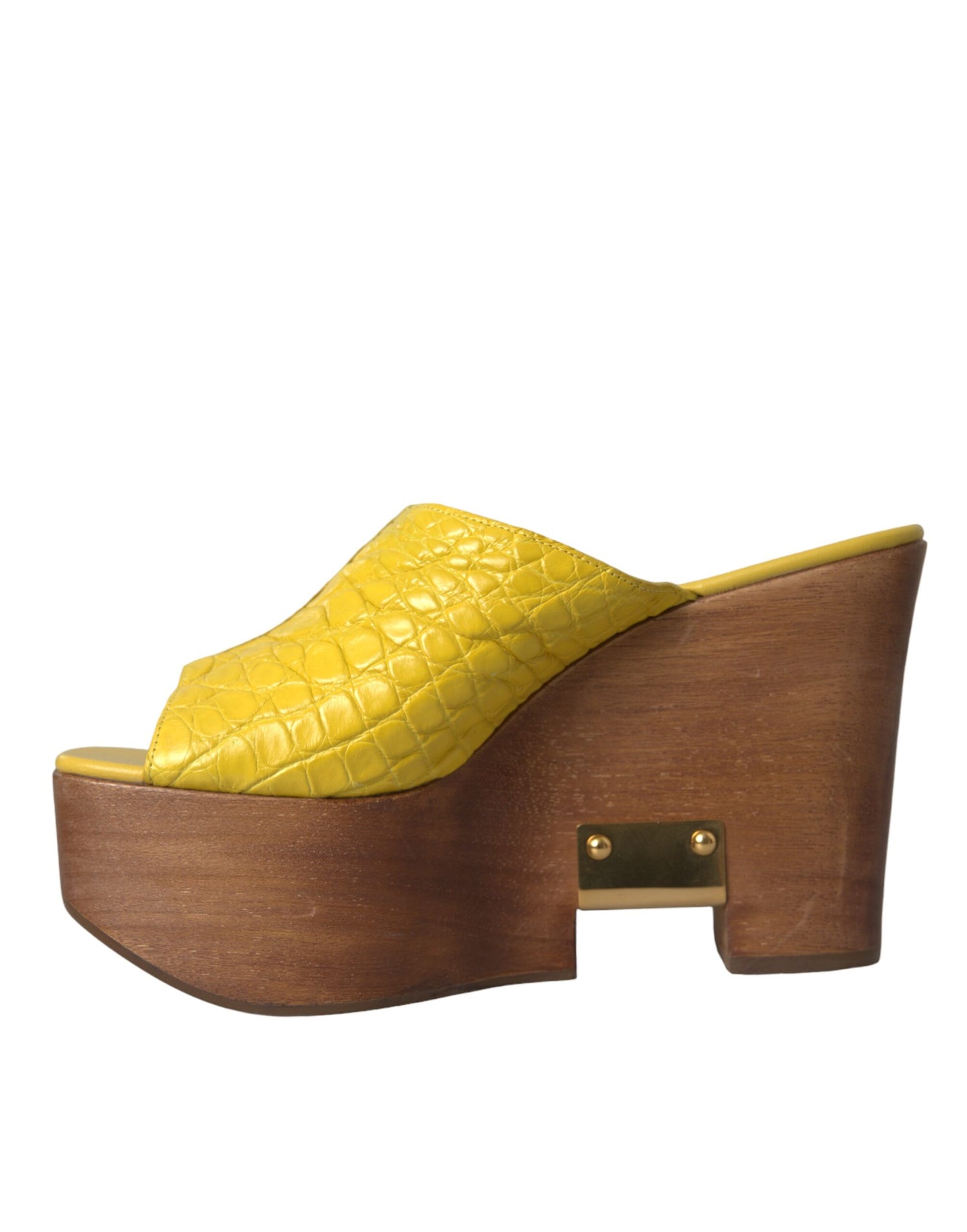 Dolce &amp; Gabbana Yellow Leather Wood Mule Wedge Slides Shoes