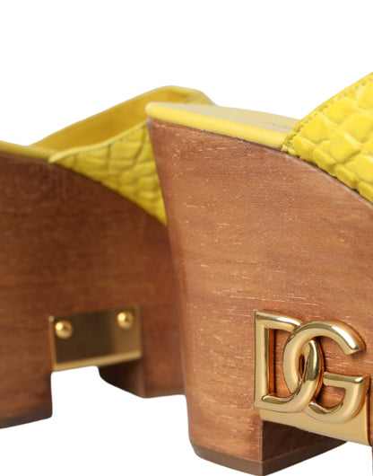 Dolce &amp; Gabbana Yellow Leather Wood Mule Wedge Slides Shoes