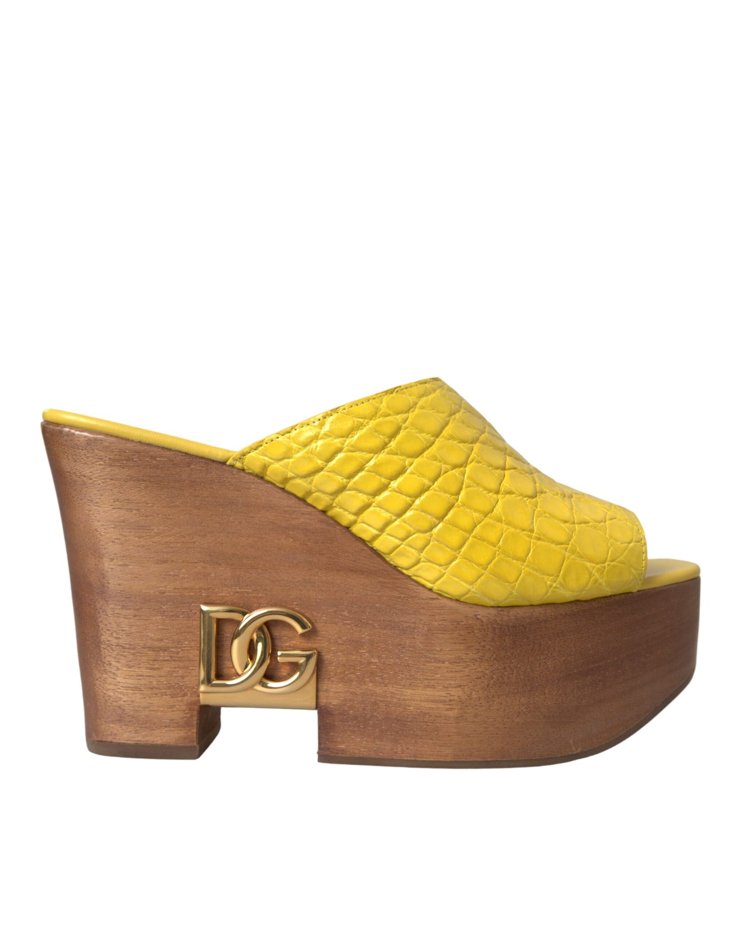 Dolce &amp; Gabbana Yellow Leather Wood Mule Wedge Slides Shoes