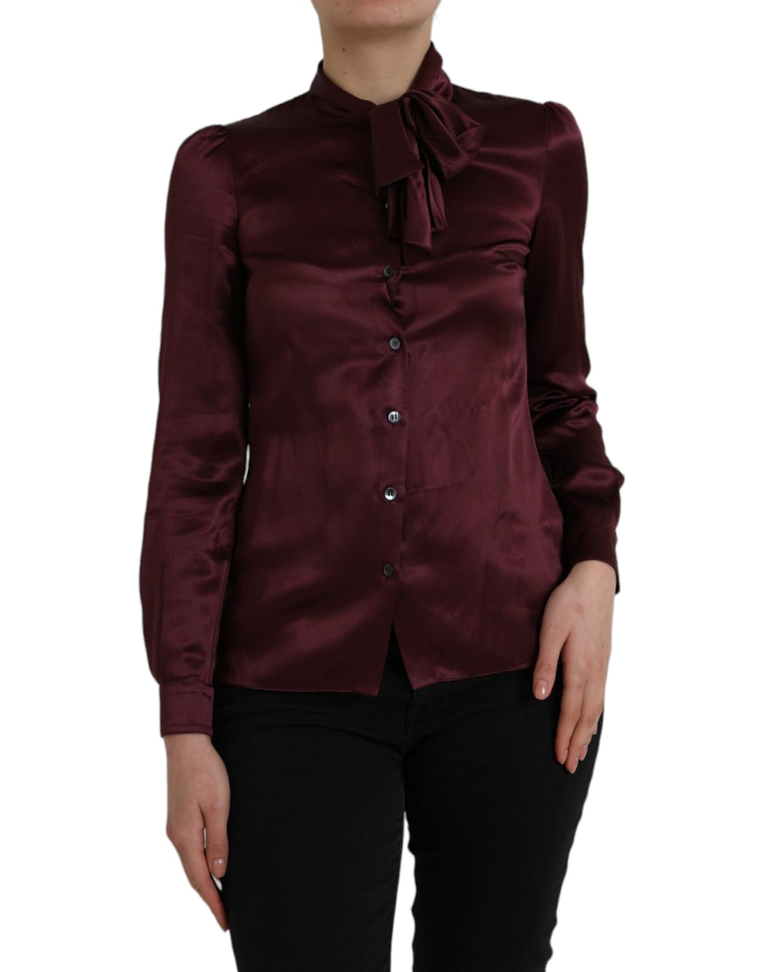 Dolce &amp; Gabbana Maroon Ascot Collar Long Sleeve Top Blouse