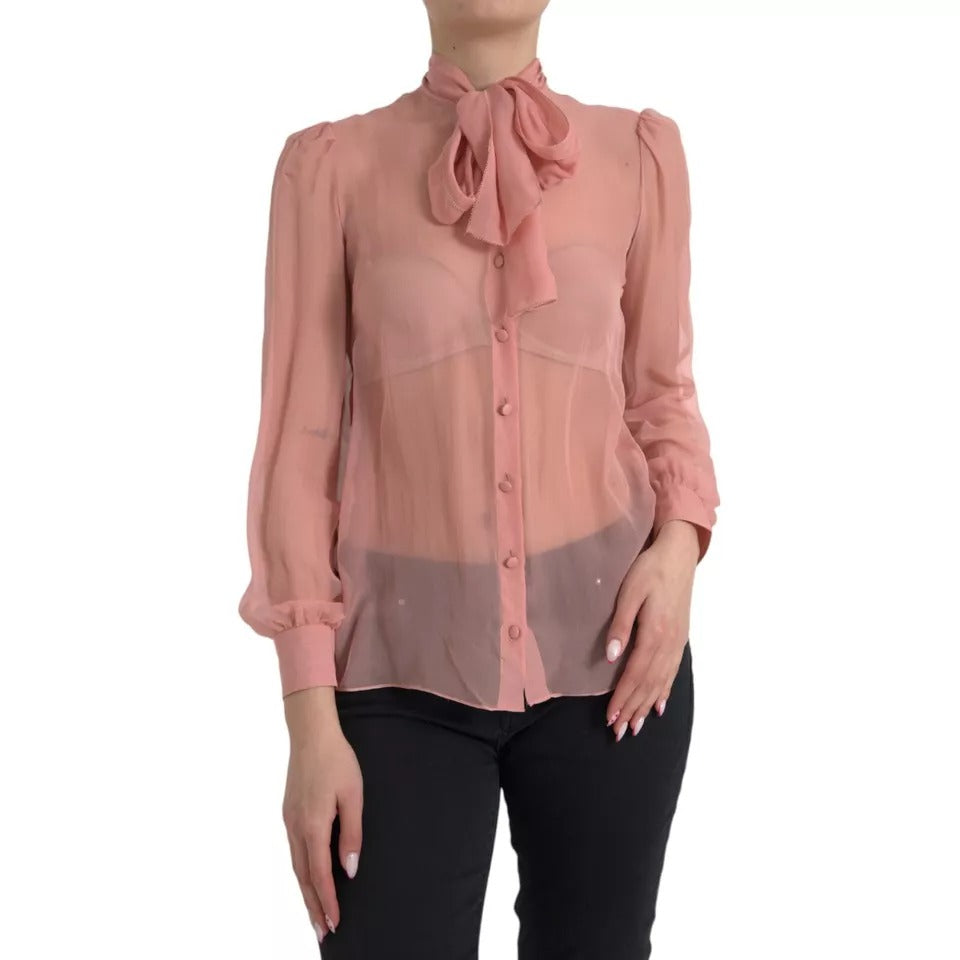 Dolce &amp; Gabbana Pink Long Sleeves Ascot Collar Top Blouse