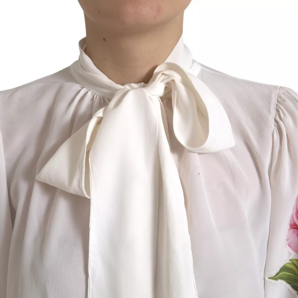 Dolce &amp; Gabbana White Floral Silk Ascot Collared Top Blouse