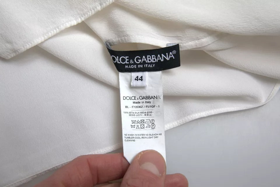 Dolce &amp; Gabbana White Floral Silk Ascot Collared Top Blouse