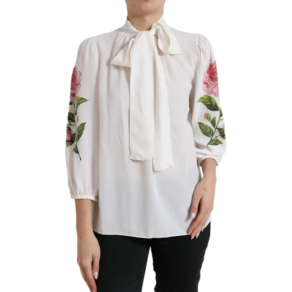 Dolce &amp; Gabbana White Floral Silk Ascot Collared Top Blouse