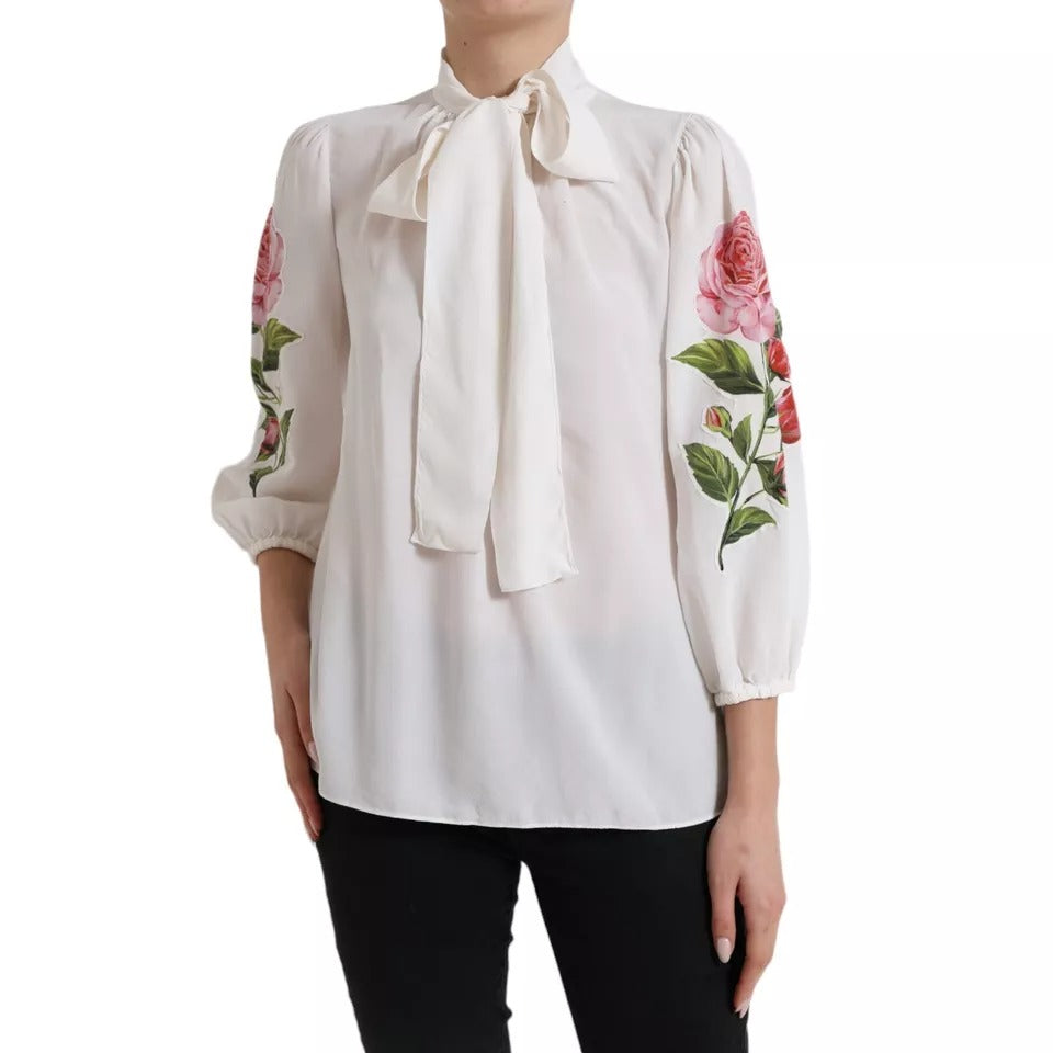 Dolce &amp; Gabbana White Floral Silk Ascot Collared Top Blouse