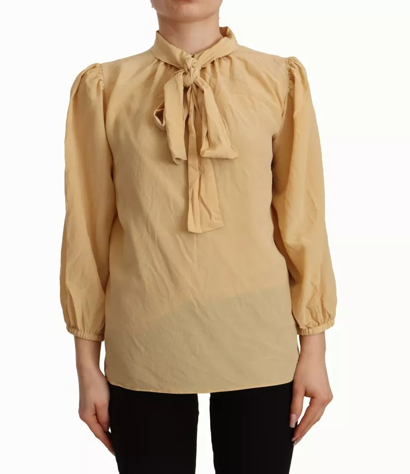 Dolce &amp; Gabbana Mustard Ascot Collar Shirt Silk Blouse Top