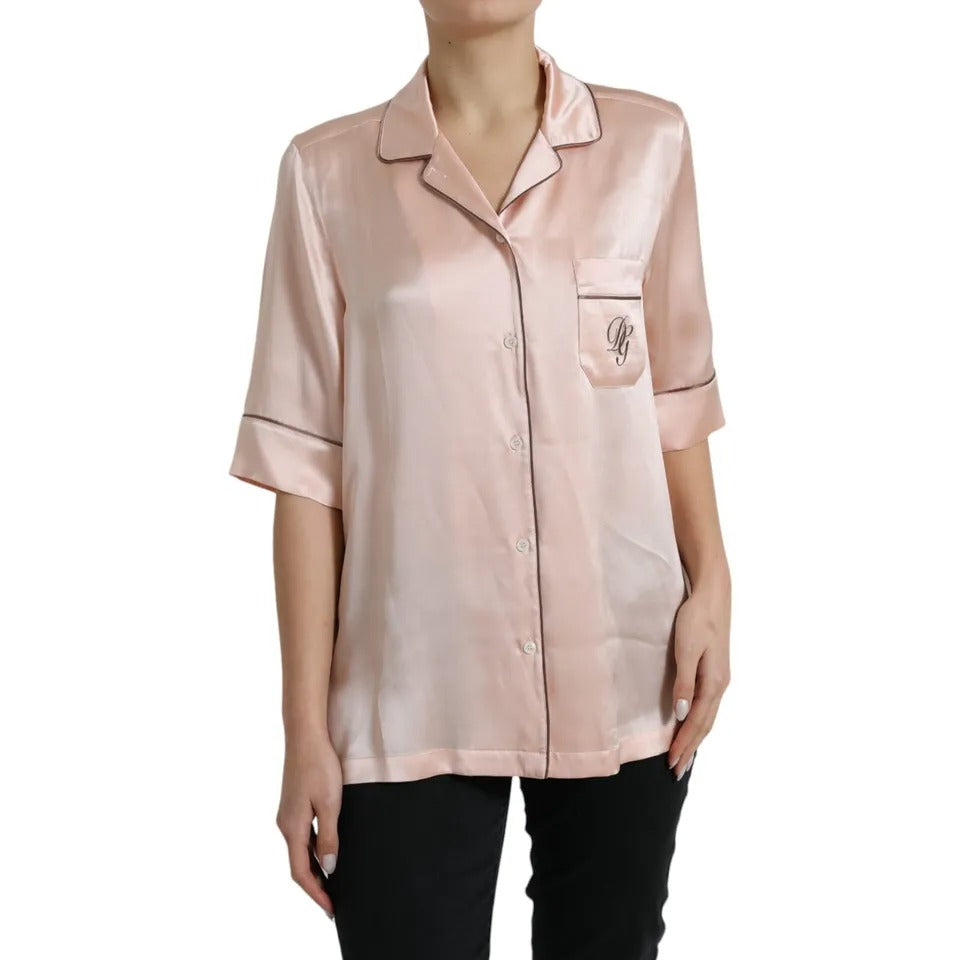 Dolce &amp; Gabbana Pink Silk Long Sleeves Logo Pajama Blouse Top