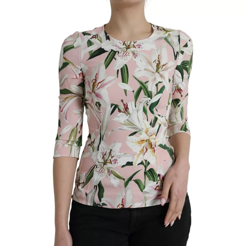 Dolce &amp; Gabbana Pink Floral Viscose Round Neck Blouse Top