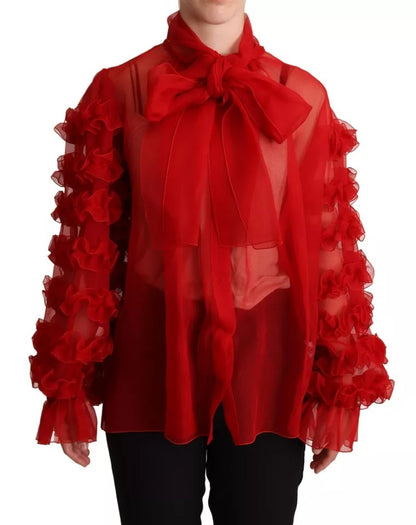 Dolce &amp; Gabbana Red Silk Ascot Collar Ruffles Blouse Top