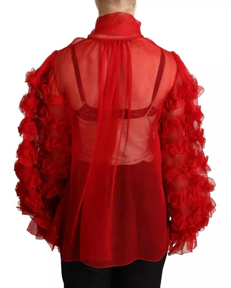 Dolce &amp; Gabbana Red Silk Ascot Collar Ruffles Blouse Top